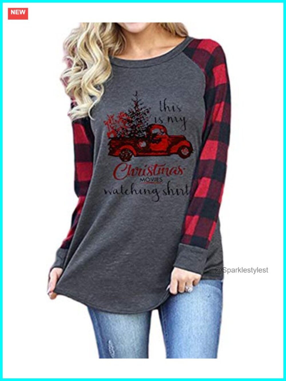 Womens Long Sleeve Merry Christmas Graphic Tee Plaid Raglan Pullover